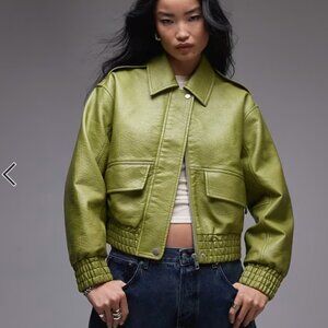 TOPSHOP Short bubble faux leather bomber jacket in green, small